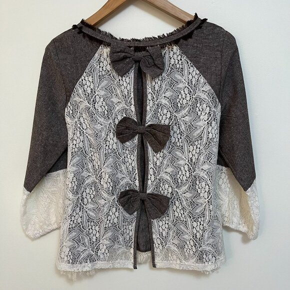 Ryu Bohemian Brown Chambray Fringe Lace Trim Bow Ties - Size Large - Picture 7 of 7